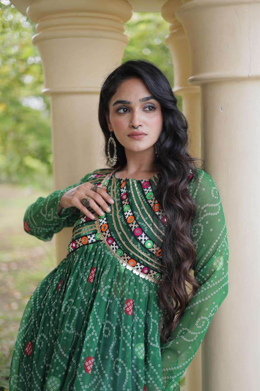 KA 1272 GEORGETTE BANDHANI PRINT KUTCHI WORK NAVRATRI WEAR KURTI 