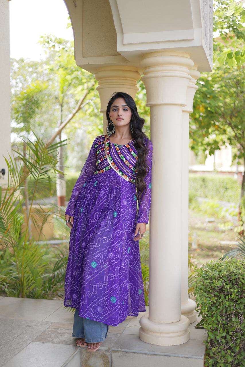 KA 1272 GEORGETTE BANDHANI PRINT KUTCHI WORK NAVRATRI WEAR KURTI 