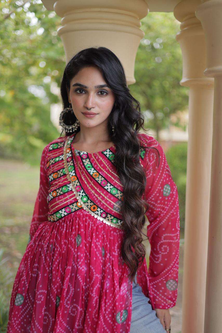 KA 1272 GEORGETTE BANDHANI PRINT KUTCHI WORK NAVRATRI WEAR KURTI 