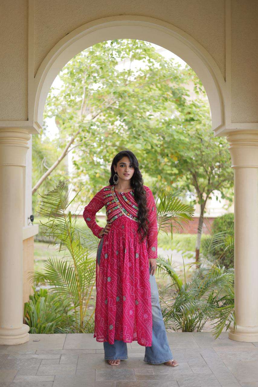 KA 1272 GEORGETTE BANDHANI PRINT KUTCHI WORK NAVRATRI WEAR KURTI 