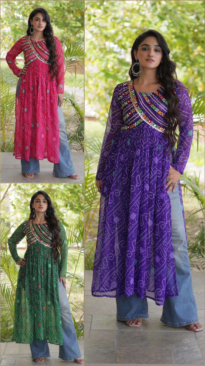 KA 1272 GEORGETTE BANDHANI PRINT KUTCHI WORK NAVRATRI WEAR KURTI 