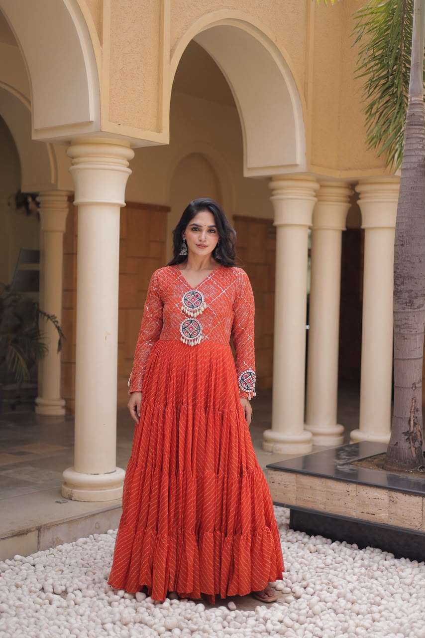 KA 1275 GEORGETTE LEHARIYA PRINT WITH KUTCHI WORKS LADIES NAVRATRI WEAR GOWN 