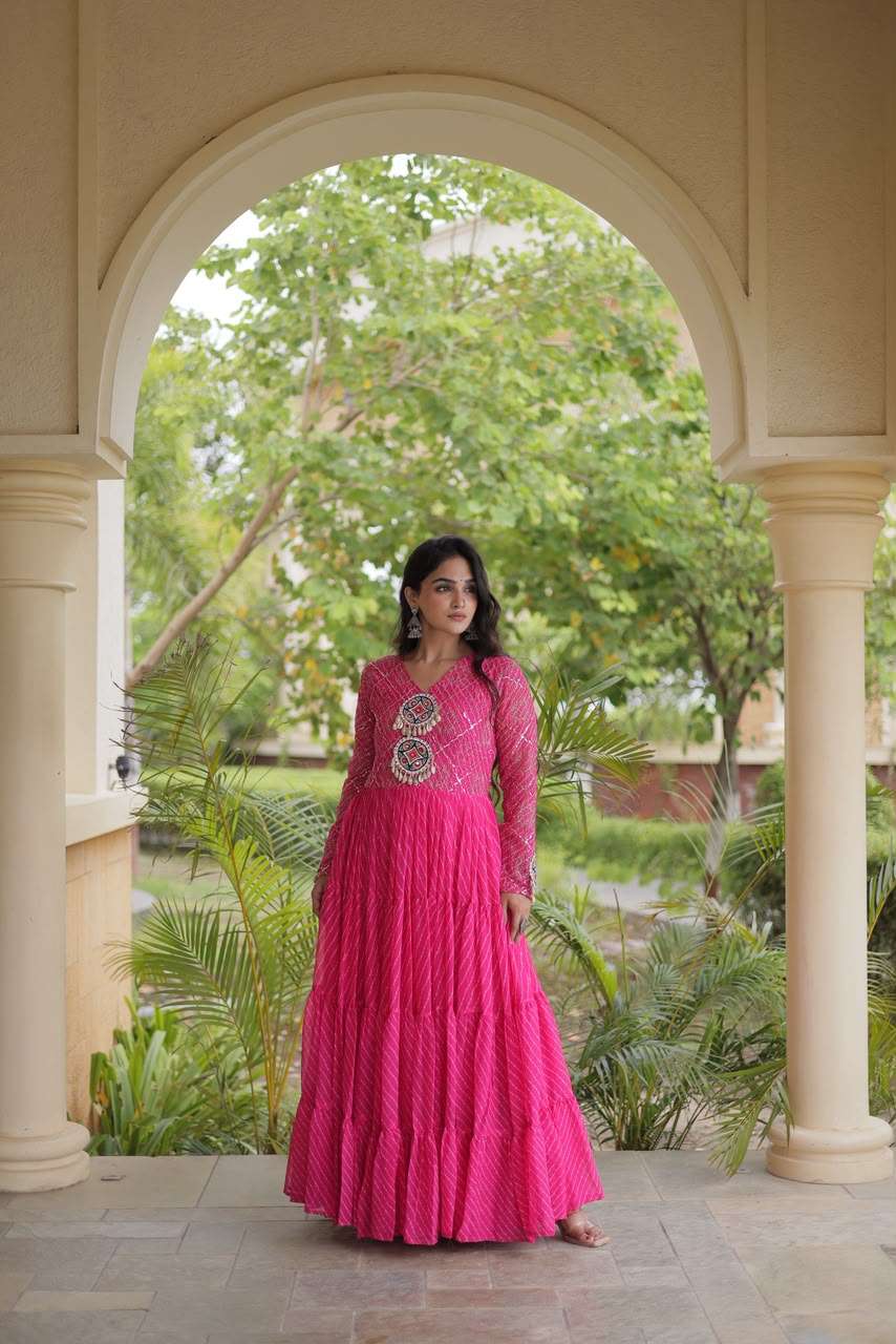 KA 1275 GEORGETTE LEHARIYA PRINT WITH KUTCHI WORKS LADIES NAVRATRI WEAR GOWN 
