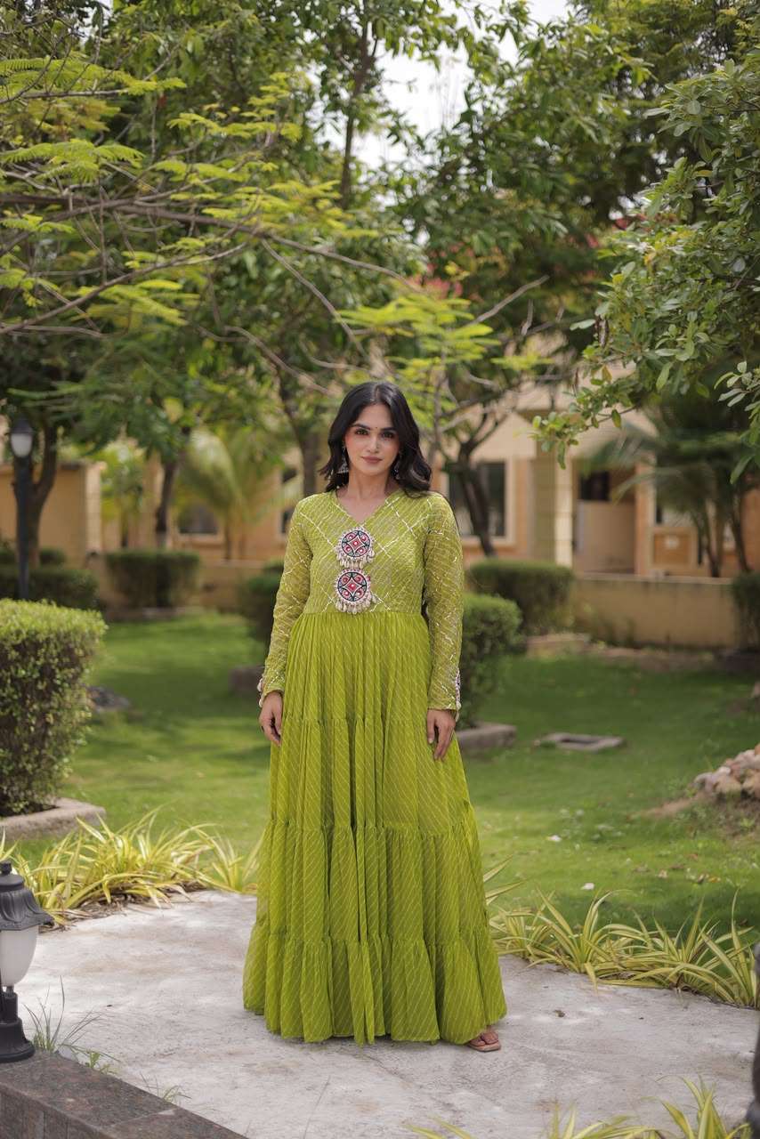 KA 1275 GEORGETTE LEHARIYA PRINT WITH KUTCHI WORKS LADIES NAVRATRI WEAR GOWN 