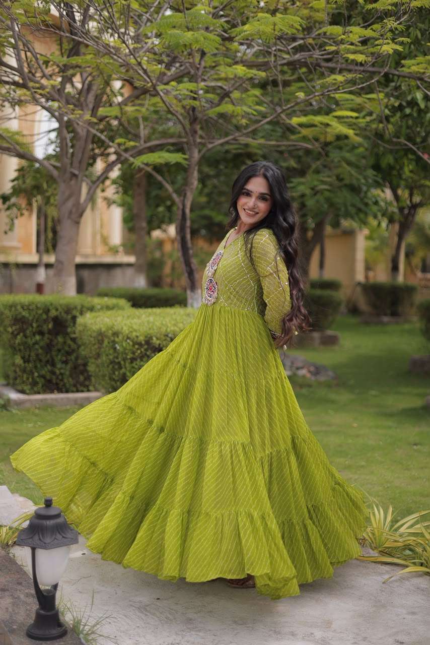KA 1275 GEORGETTE LEHARIYA PRINT WITH KUTCHI WORKS LADIES NAVRATRI WEAR GOWN 