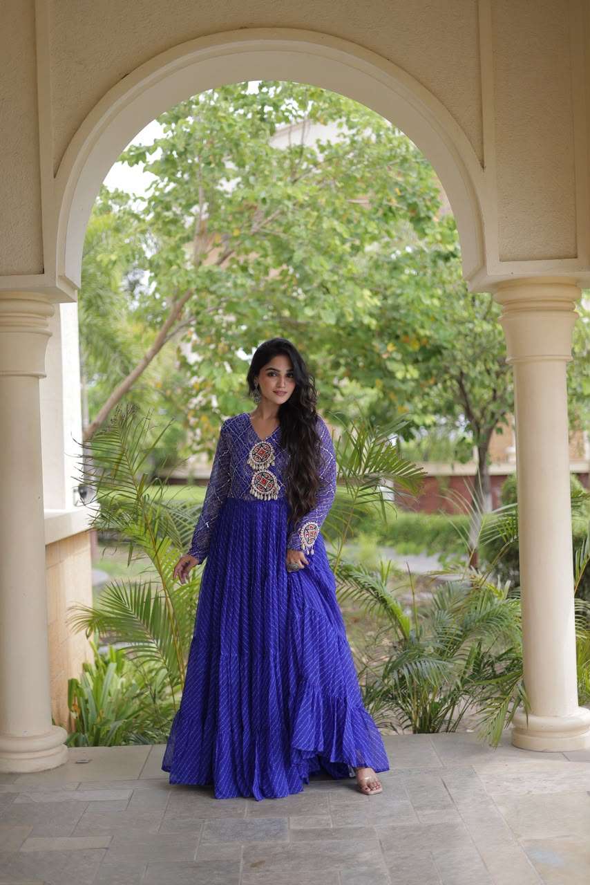 KA 1275 GEORGETTE LEHARIYA PRINT WITH KUTCHI WORKS LADIES NAVRATRI WEAR GOWN 