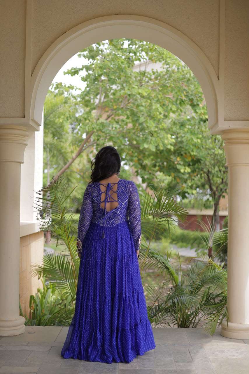 KA 1275 GEORGETTE LEHARIYA PRINT WITH KUTCHI WORKS LADIES NAVRATRI WEAR GOWN 