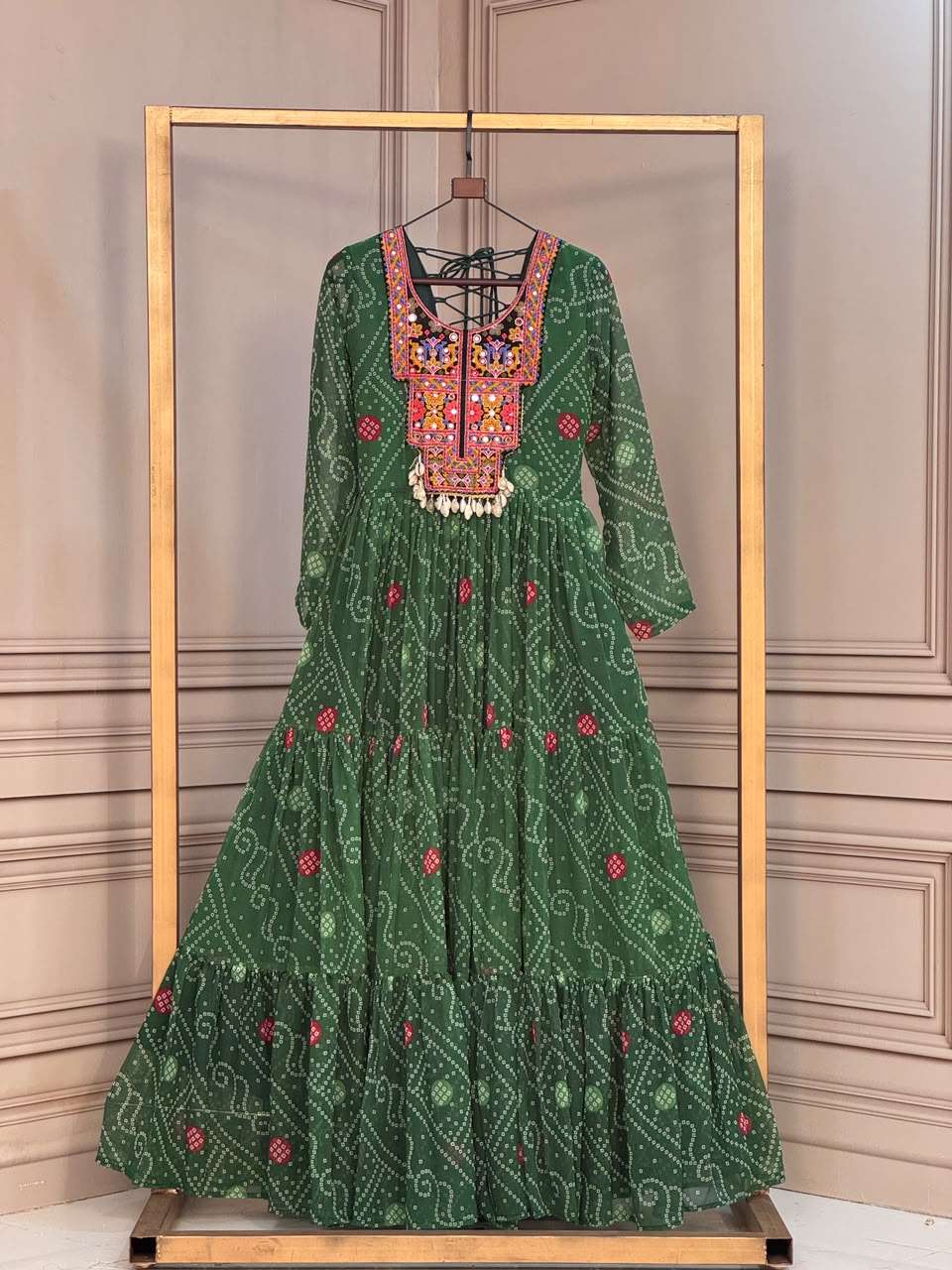KA 1276 FOX GEORGETTE BANDHANI PRINT KUTCHI PATCH EMBROIDERY WORK NAVRATRI WEAR LADIES GOWN 