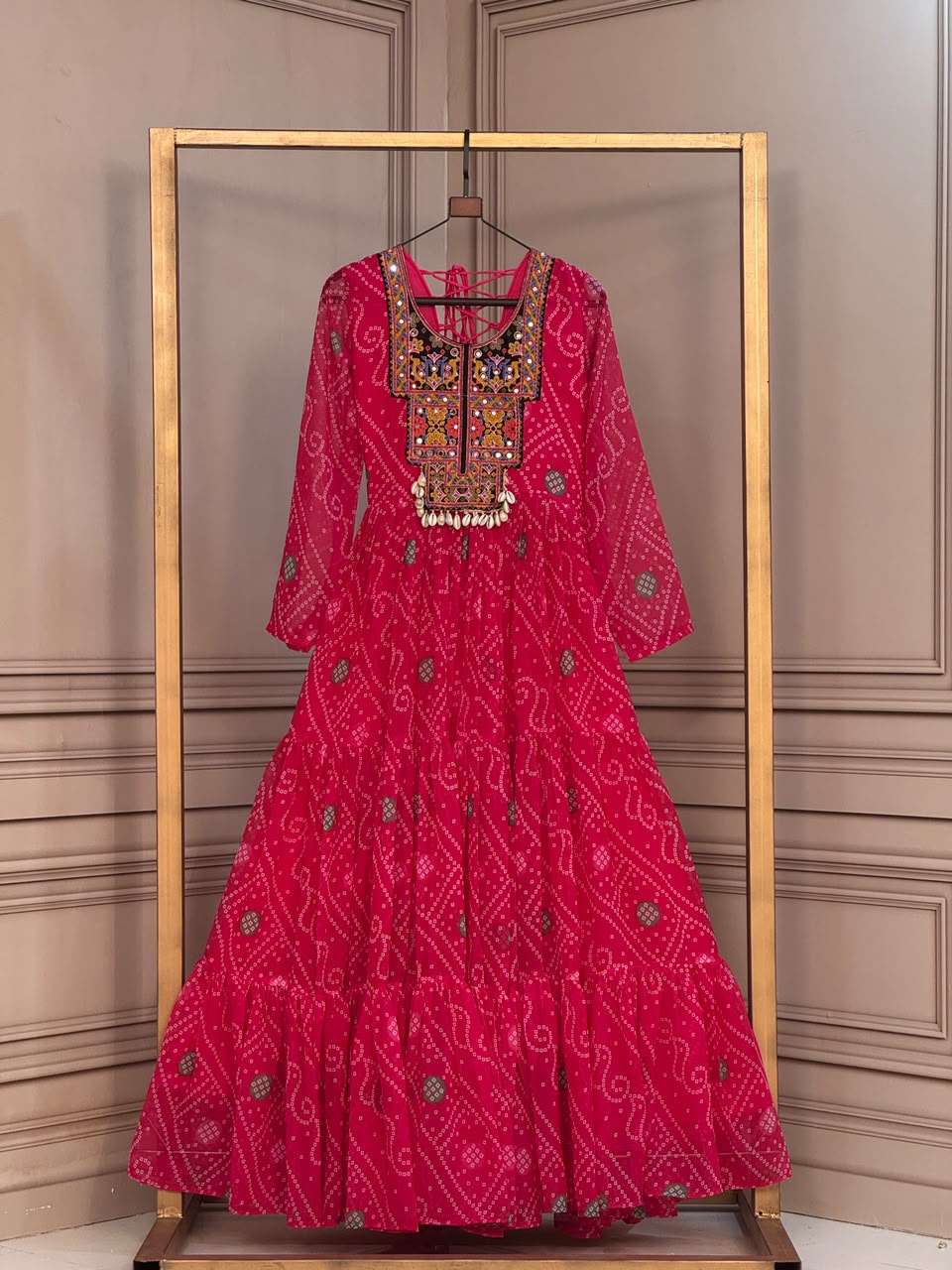 KA 1276 FOX GEORGETTE BANDHANI PRINT KUTCHI PATCH EMBROIDERY WORK NAVRATRI WEAR LADIES GOWN 