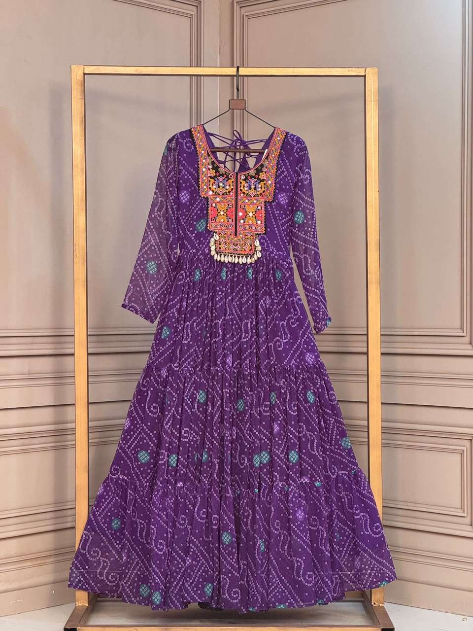 KA 1276 FOX GEORGETTE BANDHANI PRINT KUTCHI PATCH EMBROIDERY WORK NAVRATRI WEAR LADIES GOWN 