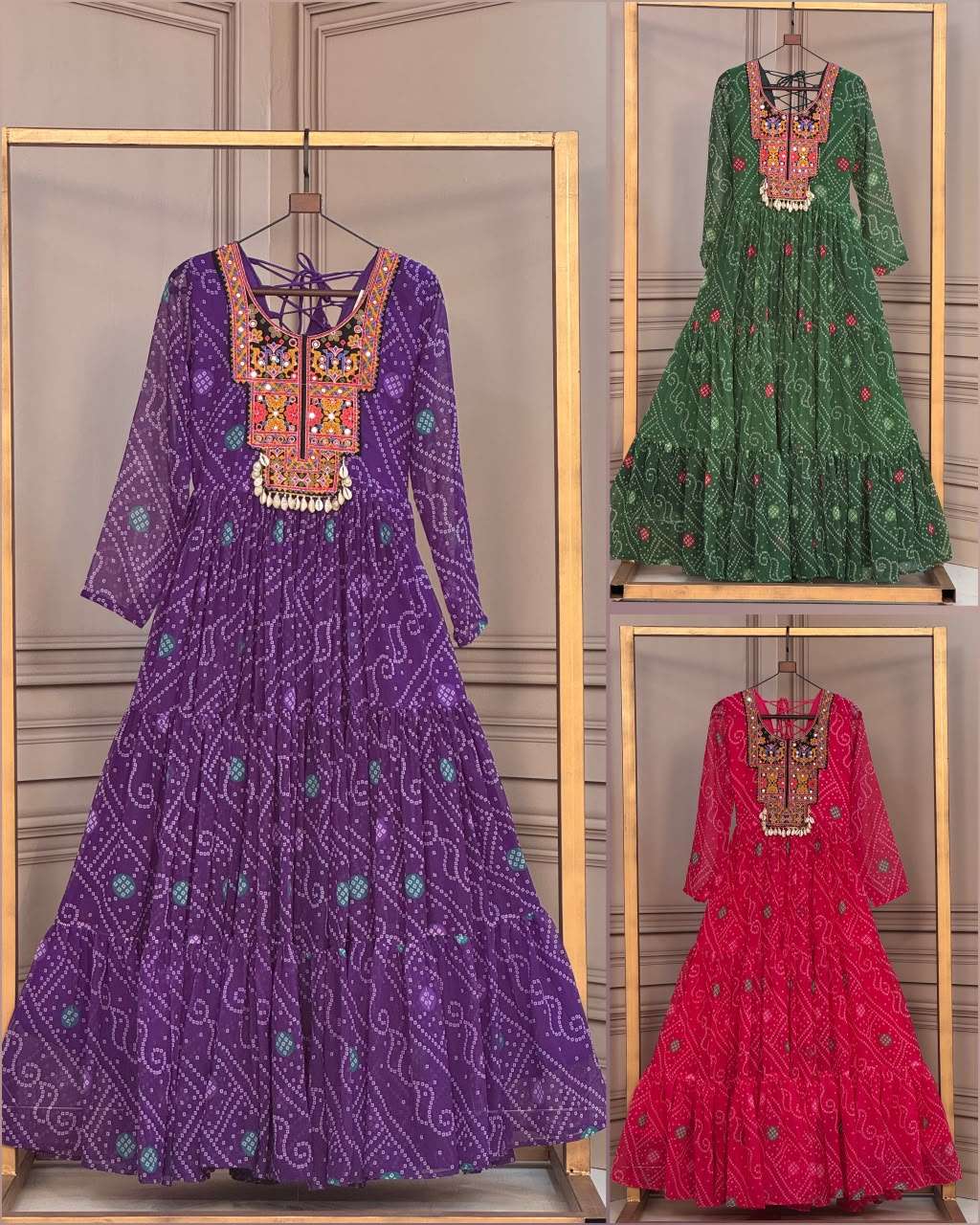 KA 1276 FOX GEORGETTE BANDHANI PRINT KUTCHI PATCH EMBROIDERY WORK NAVRATRI WEAR LADIES GOWN 