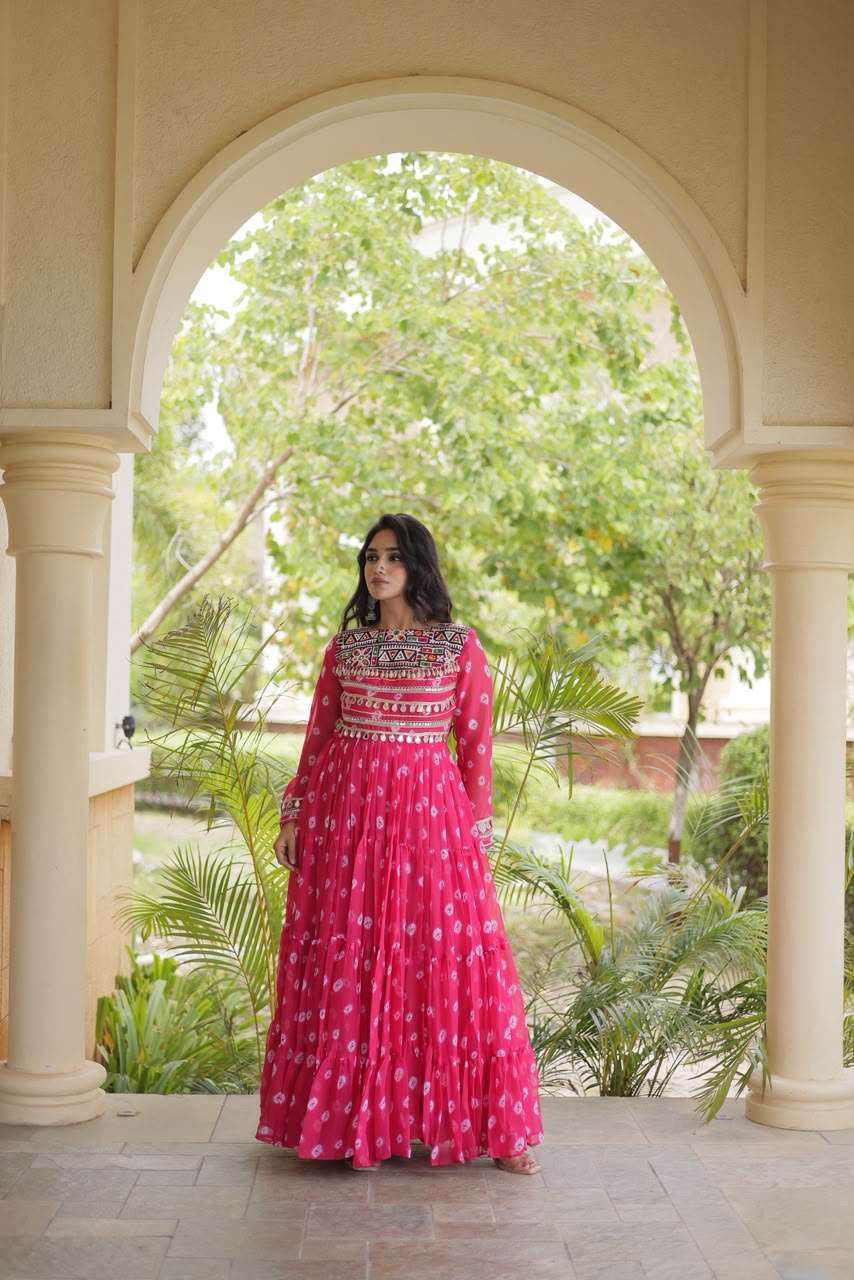 KA 1277 GEORGETTE BANDHANI PRINT WITH KUTCHI WORKS NAVRATRI WEAR LADIES GOWN 