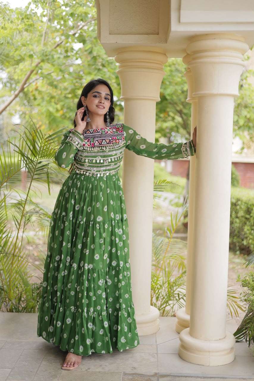 KA 1277 GEORGETTE BANDHANI PRINT WITH KUTCHI WORKS NAVRATRI WEAR LADIES GOWN 