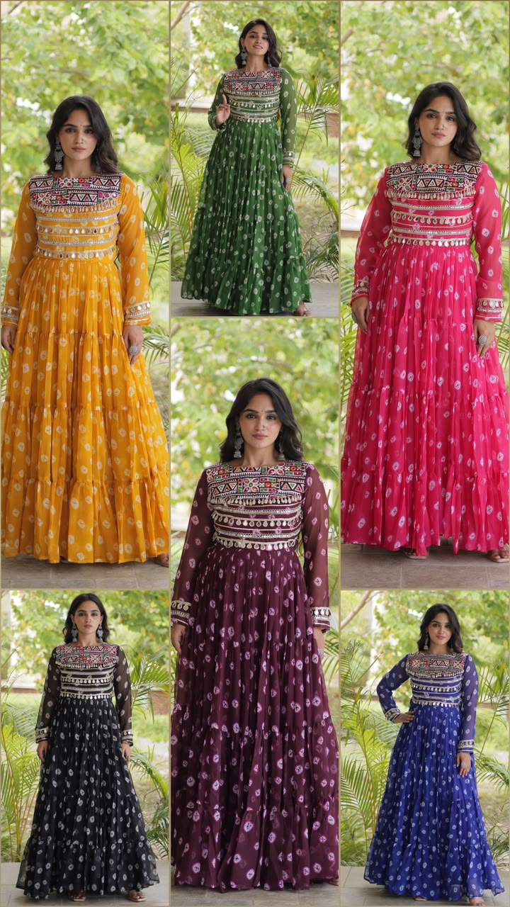 KA 1277 GEORGETTE BANDHANI PRINT WITH KUTCHI WORKS NAVRATRI WEAR LADIES GOWN 