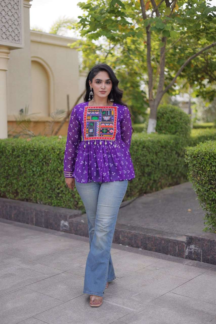 KA 5079 GEORGETTE BANDHANI PRINT WITH KUTCHI WORKS LADIES NAVRATRI WEAR TOP