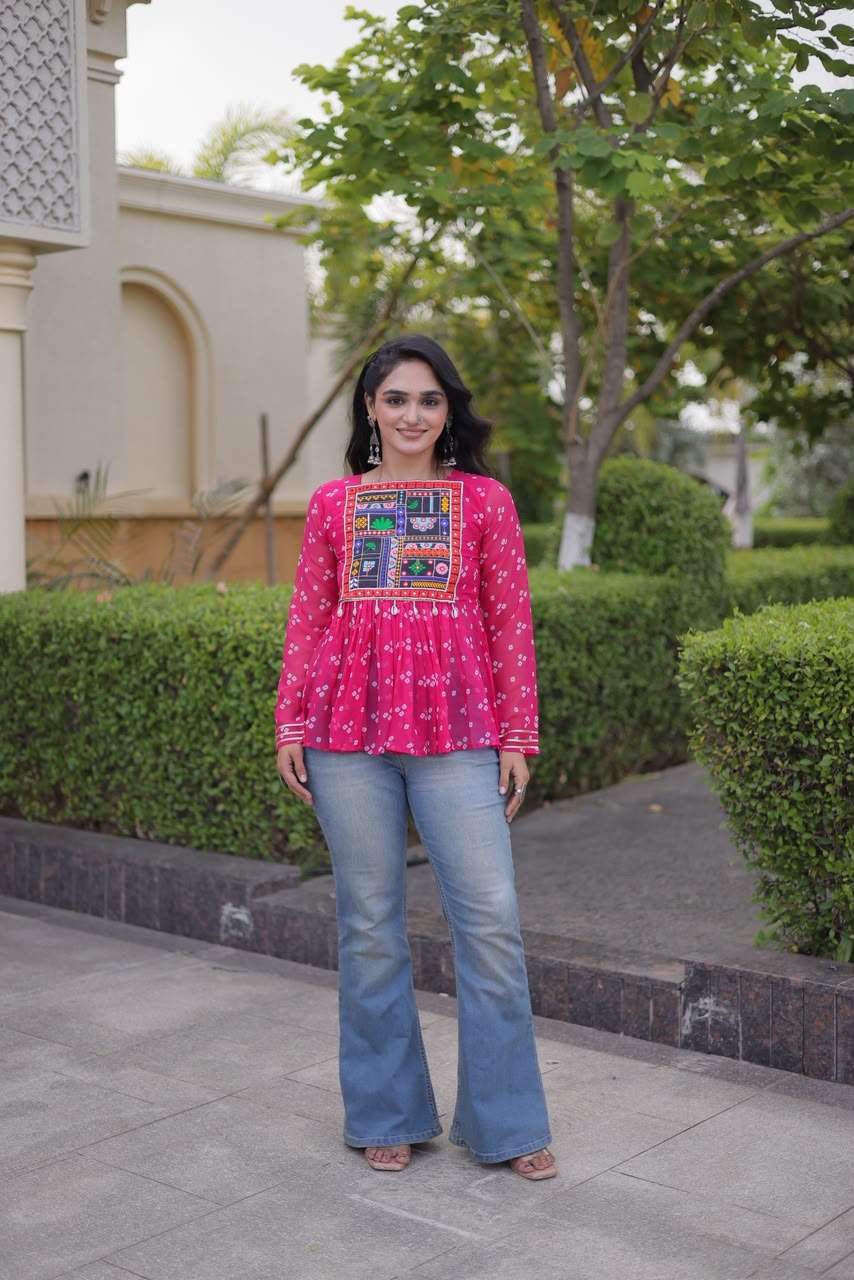 KA 5079 GEORGETTE BANDHANI PRINT WITH KUTCHI WORKS LADIES NAVRATRI WEAR TOP