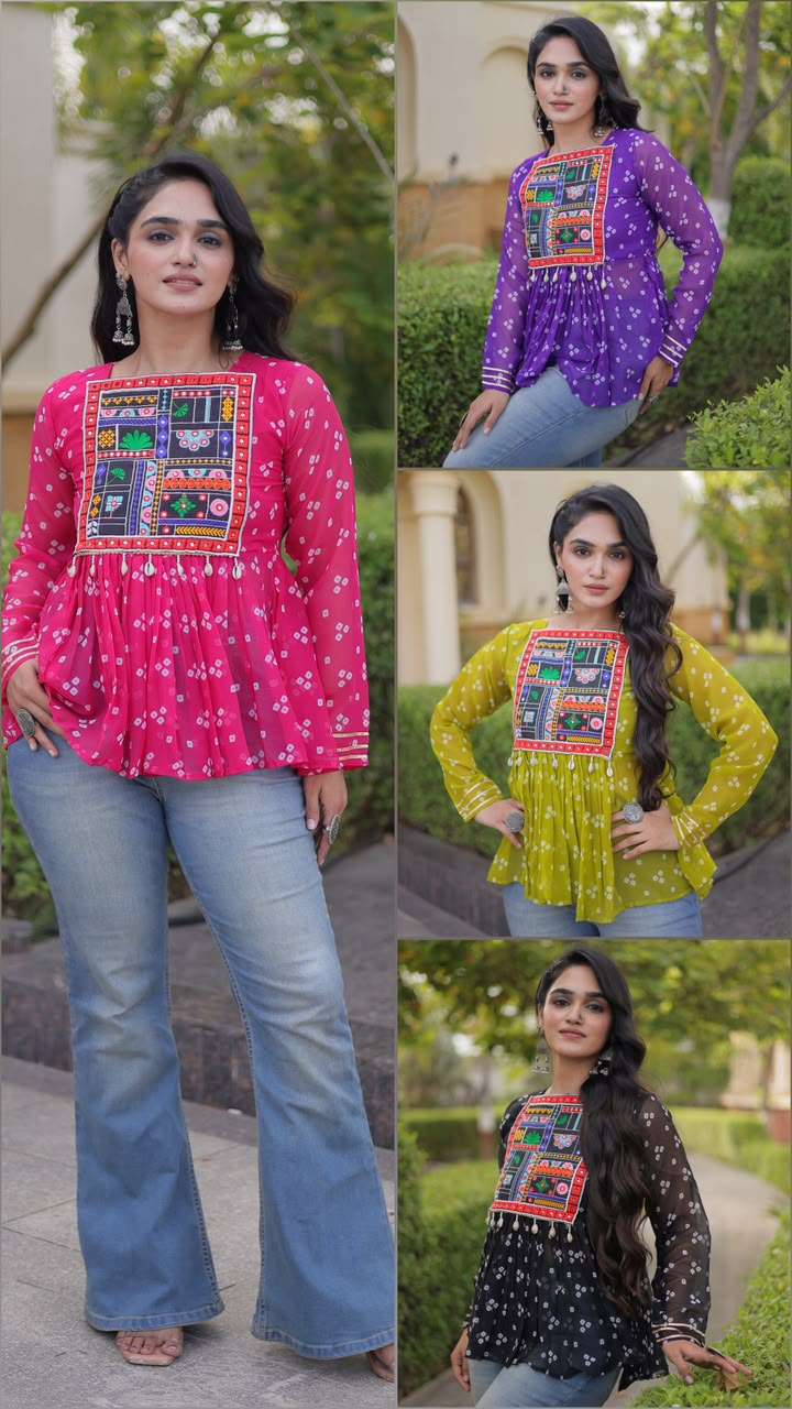 KA 5079 GEORGETTE BANDHANI PRINT WITH KUTCHI WORKS LADIES NAVRATRI WEAR TOP
