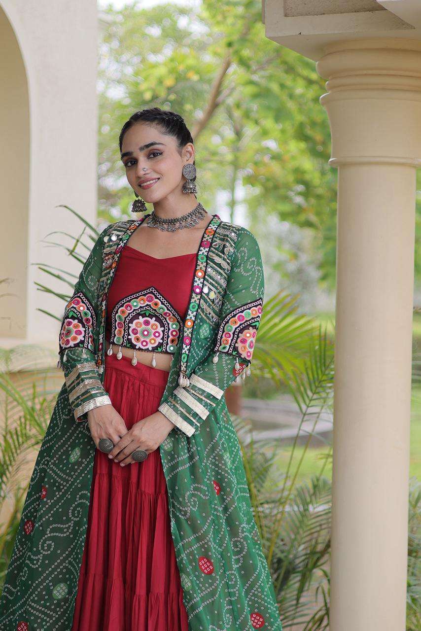 KA 5083 RAYON KUTCHI DESIGNER WORK NAVRATRI WEAR LEHENGA CHOLI WITH SHRUG 