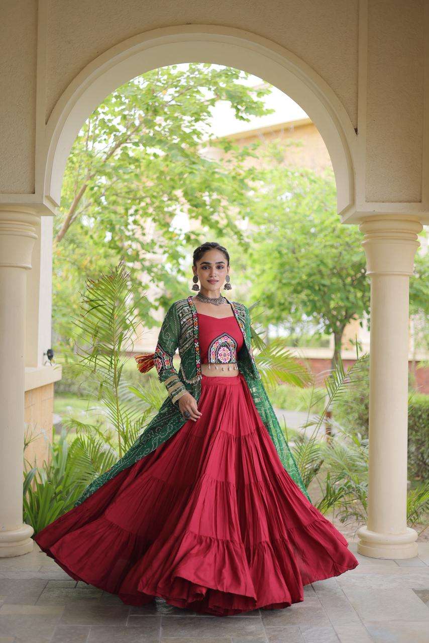 KA 5083 RAYON KUTCHI DESIGNER WORK NAVRATRI WEAR LEHENGA CHOLI WITH SHRUG 