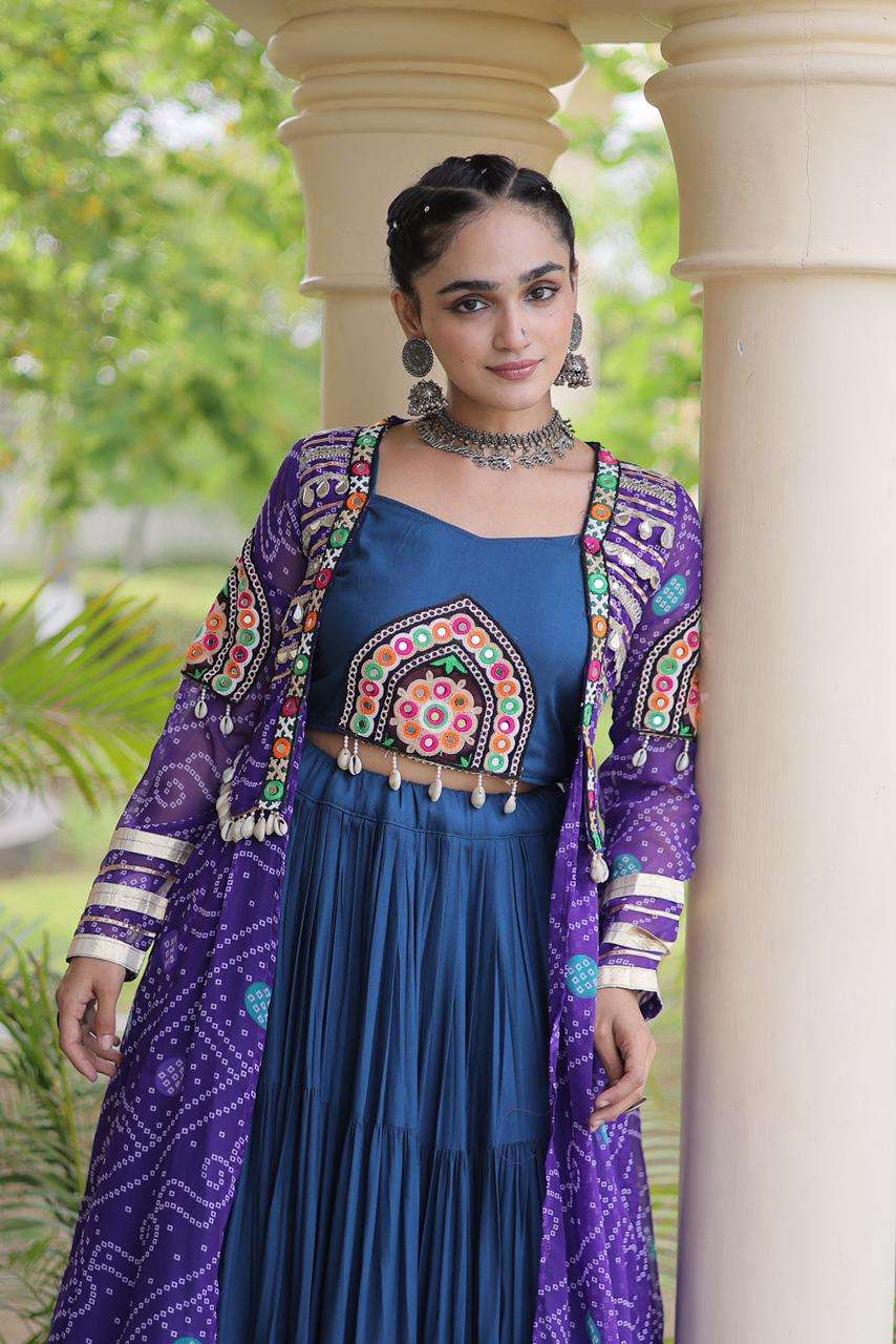 KA 5083 RAYON KUTCHI DESIGNER WORK NAVRATRI WEAR LEHENGA CHOLI WITH SHRUG 