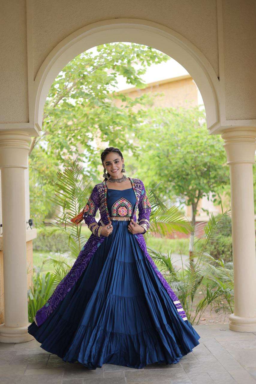 KA 5083 RAYON KUTCHI DESIGNER WORK NAVRATRI WEAR LEHENGA CHOLI WITH SHRUG 