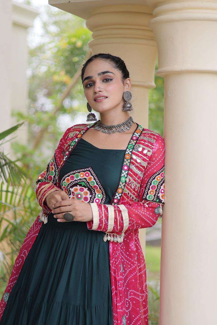 KA 5083 RAYON KUTCHI DESIGNER WORK NAVRATRI WEAR LEHENGA CHOLI WITH SHRUG 