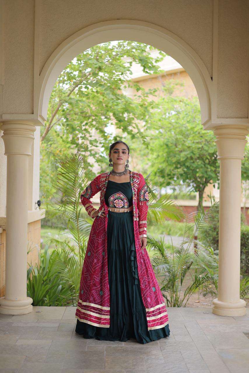 KA 5083 RAYON KUTCHI DESIGNER WORK NAVRATRI WEAR LEHENGA CHOLI WITH SHRUG 