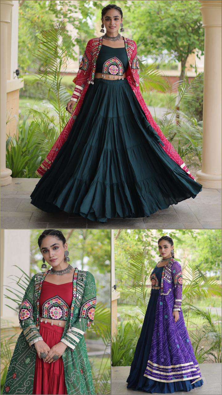 KA 5083 RAYON KUTCHI DESIGNER WORK NAVRATRI WEAR LEHENGA CHOLI WITH SHRUG 