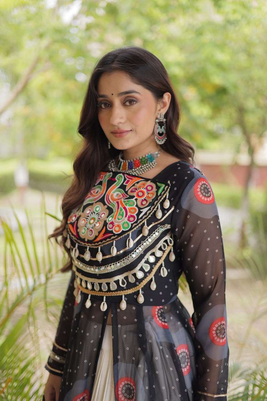 KA 5085 GEORGETTE BANDHANI PRINT KUTCHI PATCH WORK DESIGNER NAVRATRI WEAR KURTI WITH LEHENGA 