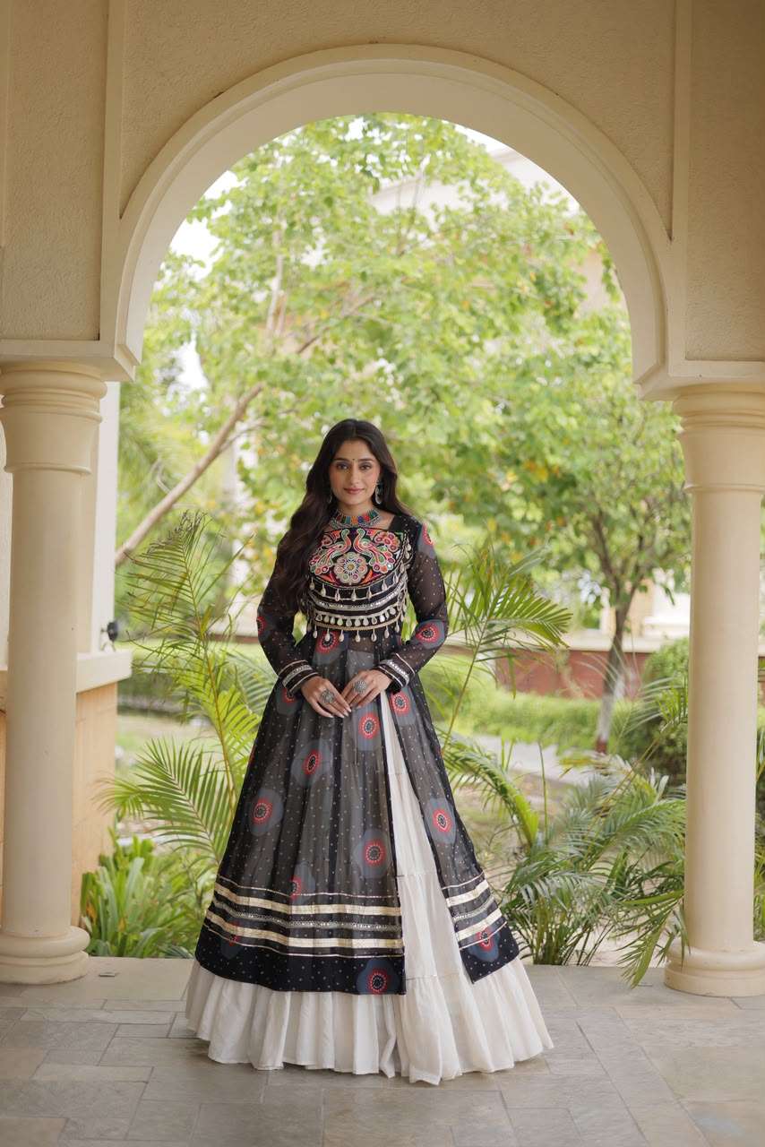 KA 5085 GEORGETTE BANDHANI PRINT KUTCHI PATCH WORK DESIGNER NAVRATRI WEAR KURTI WITH LEHENGA 