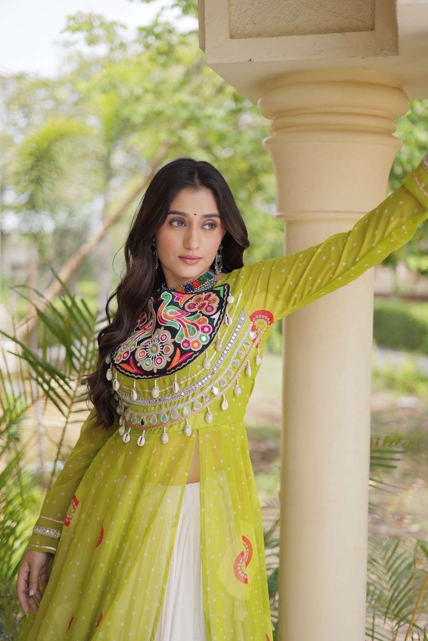 KA 5085 GEORGETTE BANDHANI PRINT KUTCHI PATCH WORK DESIGNER NAVRATRI WEAR KURTI WITH LEHENGA 