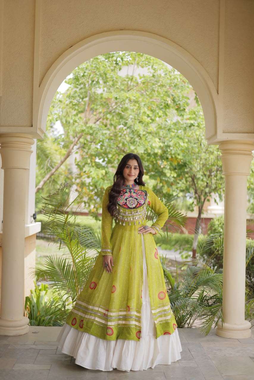 KA 5085 GEORGETTE BANDHANI PRINT KUTCHI PATCH WORK DESIGNER NAVRATRI WEAR KURTI WITH LEHENGA 