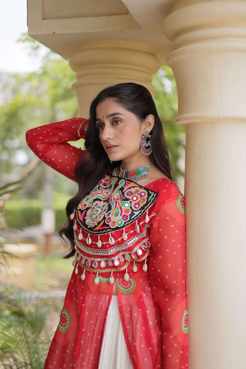 KA 5085 GEORGETTE BANDHANI PRINT KUTCHI PATCH WORK DESIGNER NAVRATRI WEAR KURTI WITH LEHENGA 