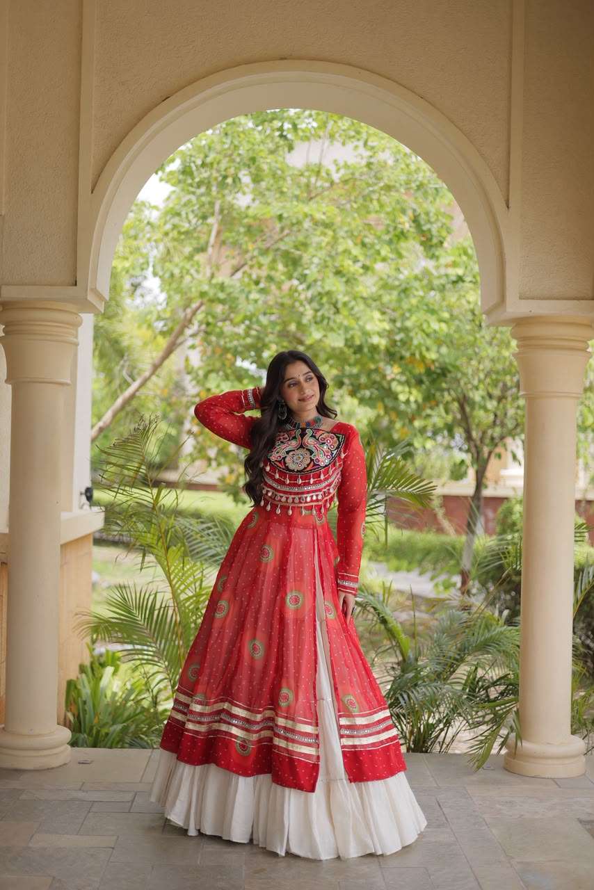 KA 5085 GEORGETTE BANDHANI PRINT KUTCHI PATCH WORK DESIGNER NAVRATRI WEAR KURTI WITH LEHENGA 
