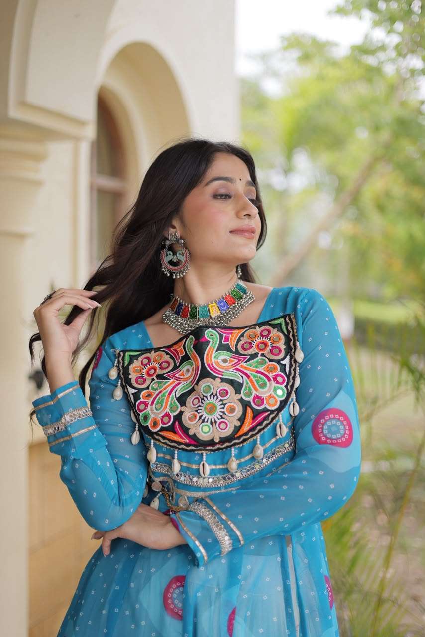 KA 5085 GEORGETTE BANDHANI PRINT KUTCHI PATCH WORK DESIGNER NAVRATRI WEAR KURTI WITH LEHENGA 