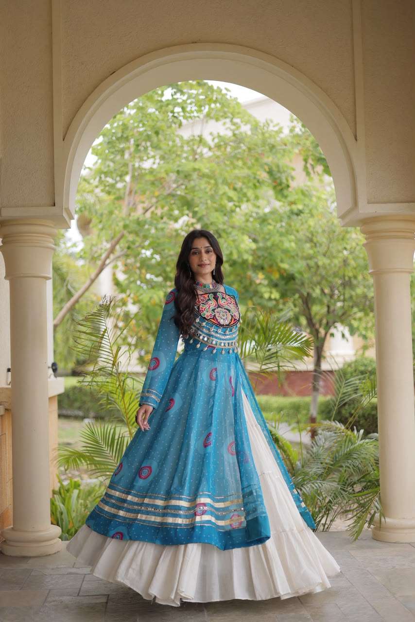 KA 5085 GEORGETTE BANDHANI PRINT KUTCHI PATCH WORK DESIGNER NAVRATRI WEAR KURTI WITH LEHENGA 