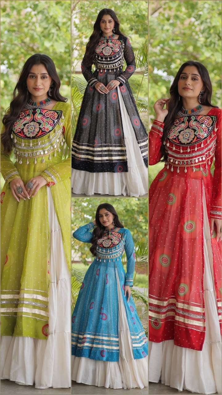 KA 5085 GEORGETTE BANDHANI PRINT KUTCHI PATCH WORK DESIGNER NAVRATRI WEAR KURTI WITH LEHENGA 