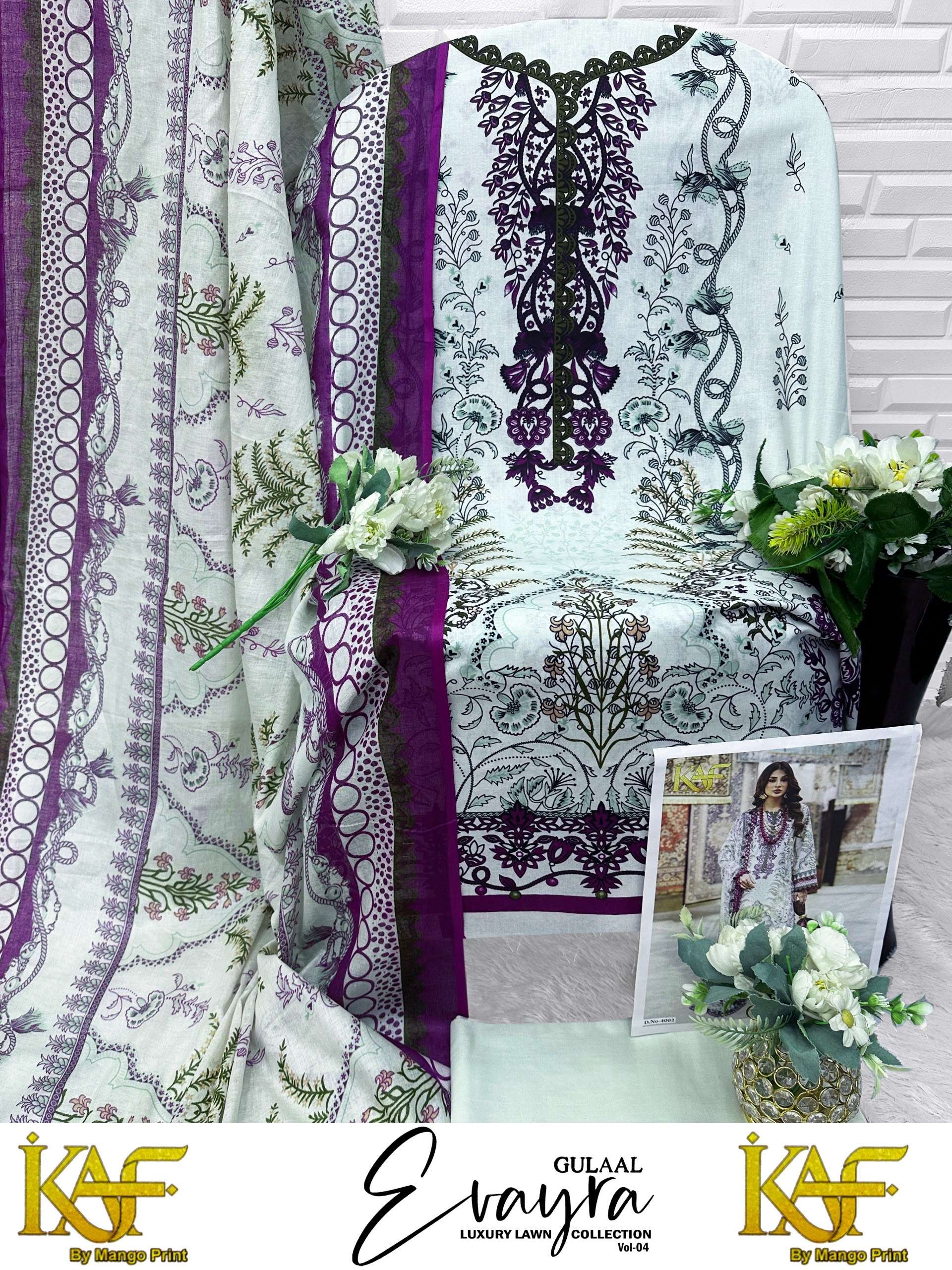 KAF FABRIC EVAYRA GULAAL LUXURY LAWN COLLECTION VOL 4 COTTON DIGITAL PRINT SALWAR SUIT