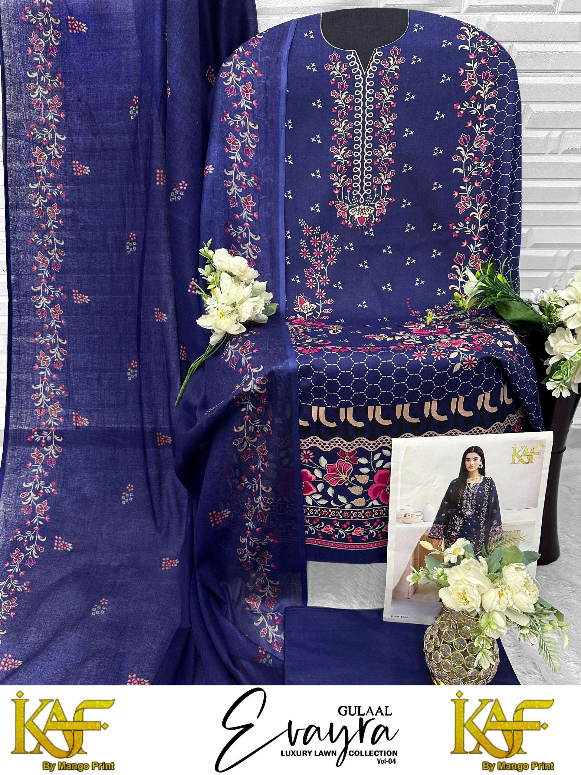 KAF FABRIC EVAYRA GULAAL LUXURY LAWN COLLECTION VOL 4 COTTON DIGITAL PRINT SALWAR SUIT