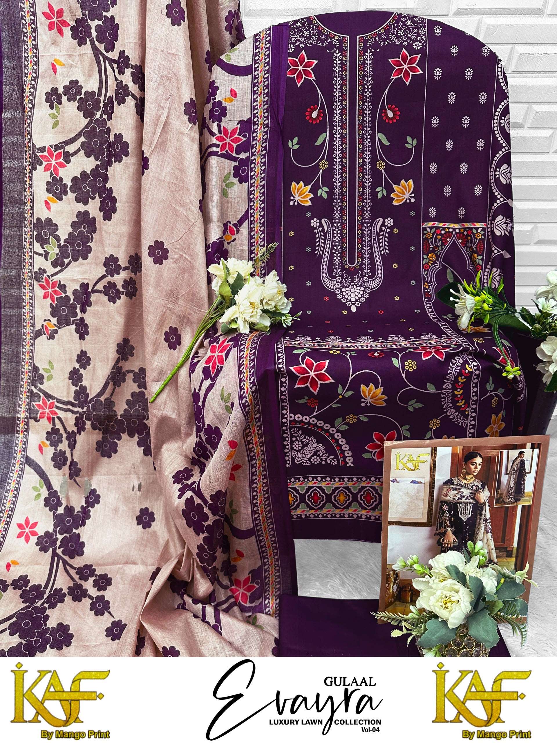 KAF FABRIC EVAYRA GULAAL LUXURY LAWN COLLECTION VOL 4 COTTON DIGITAL PRINT SALWAR SUIT