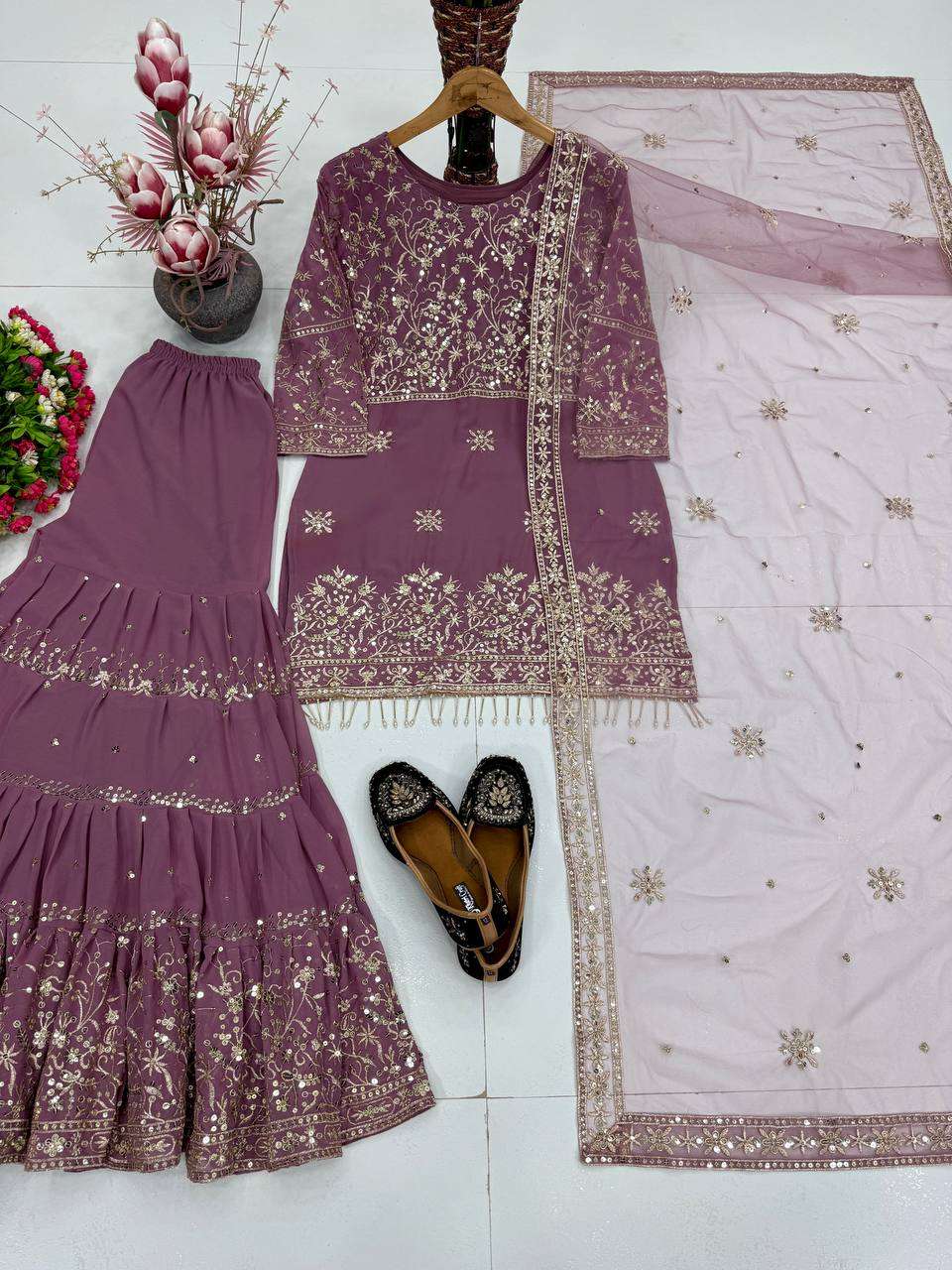 KF 1735 GEORGETTE EMBROIDERED WORK TOP SHARARA AND DUPATTA SET