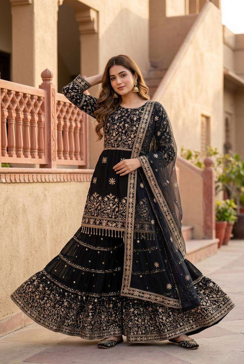 KF 1735 GEORGETTE EMBROIDERED WORK TOP SHARARA AND DUPATTA SET