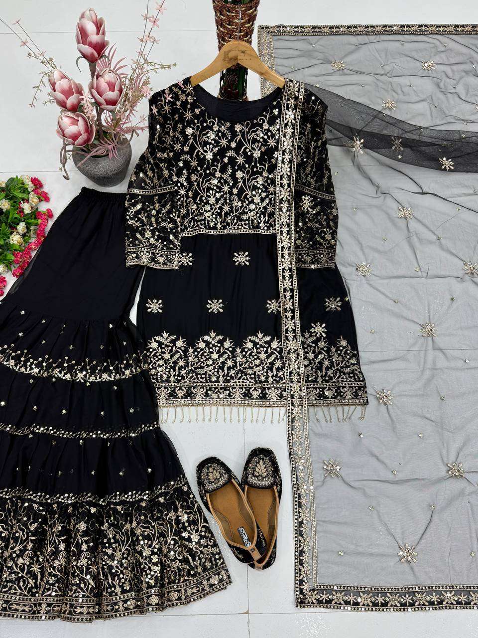 KF 1735 GEORGETTE EMBROIDERED WORK TOP SHARARA AND DUPATTA SET