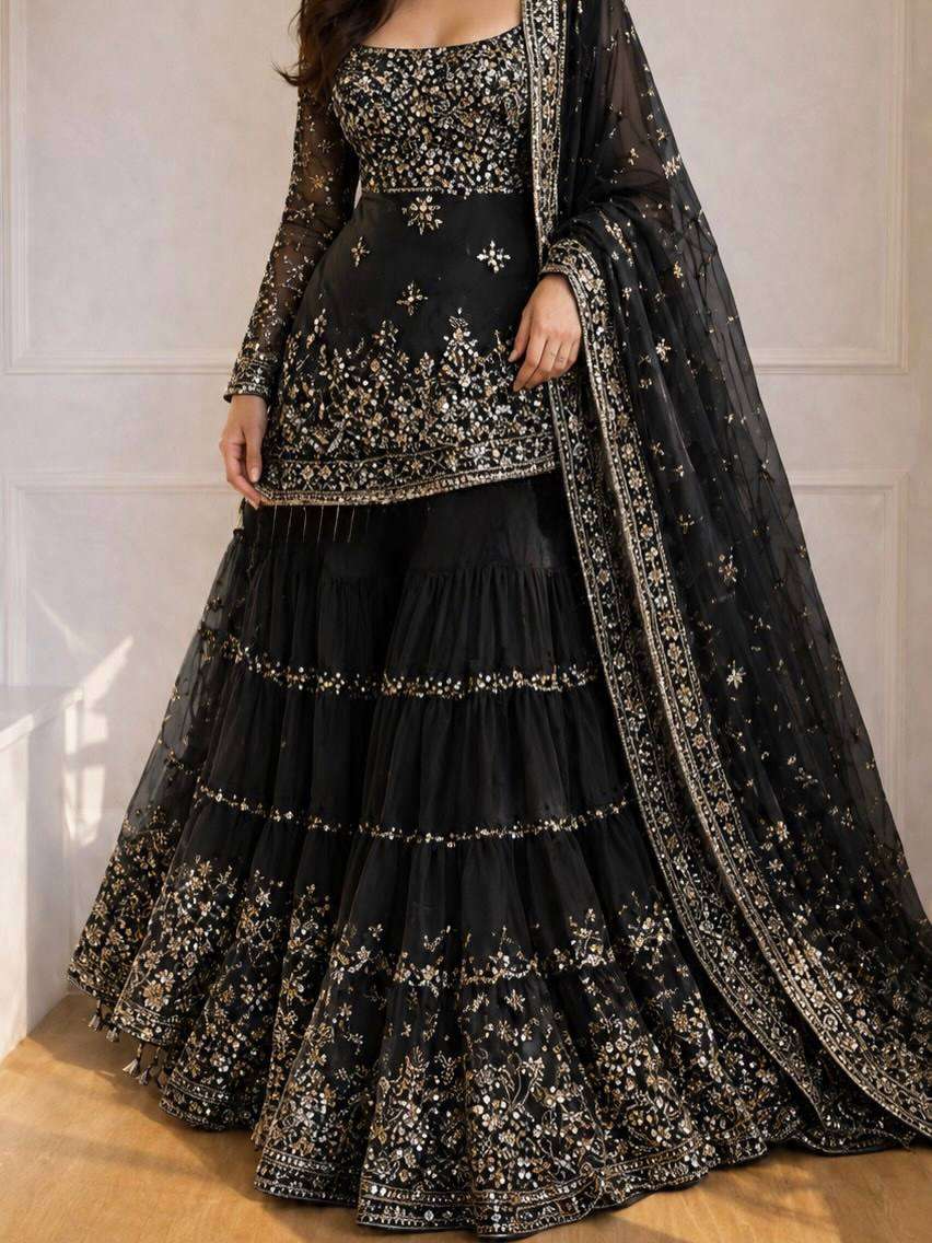 KF 1735 GEORGETTE EMBROIDERED WORK TOP SHARARA AND DUPATTA SET