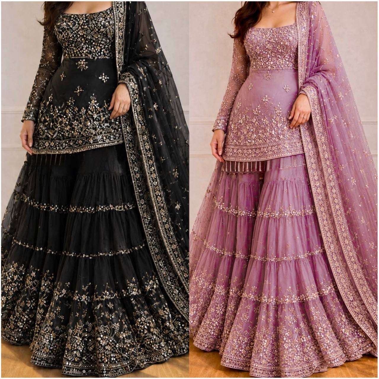 KF 1735 GEORGETTE EMBROIDERED WORK TOP SHARARA AND DUPATTA SET
