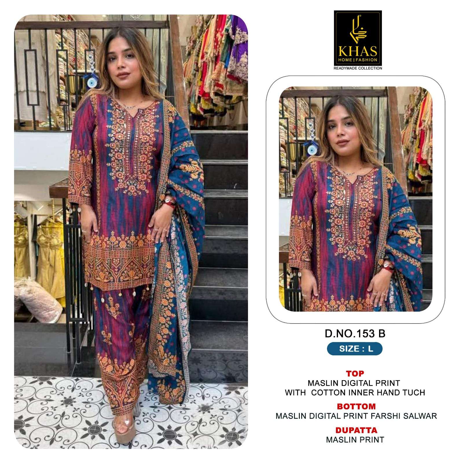 KHAS FASHION D NO 153 MUSLIN DIGITAL PRINT WITH HEAVY EMBROIDERY DESIGNER SUIT