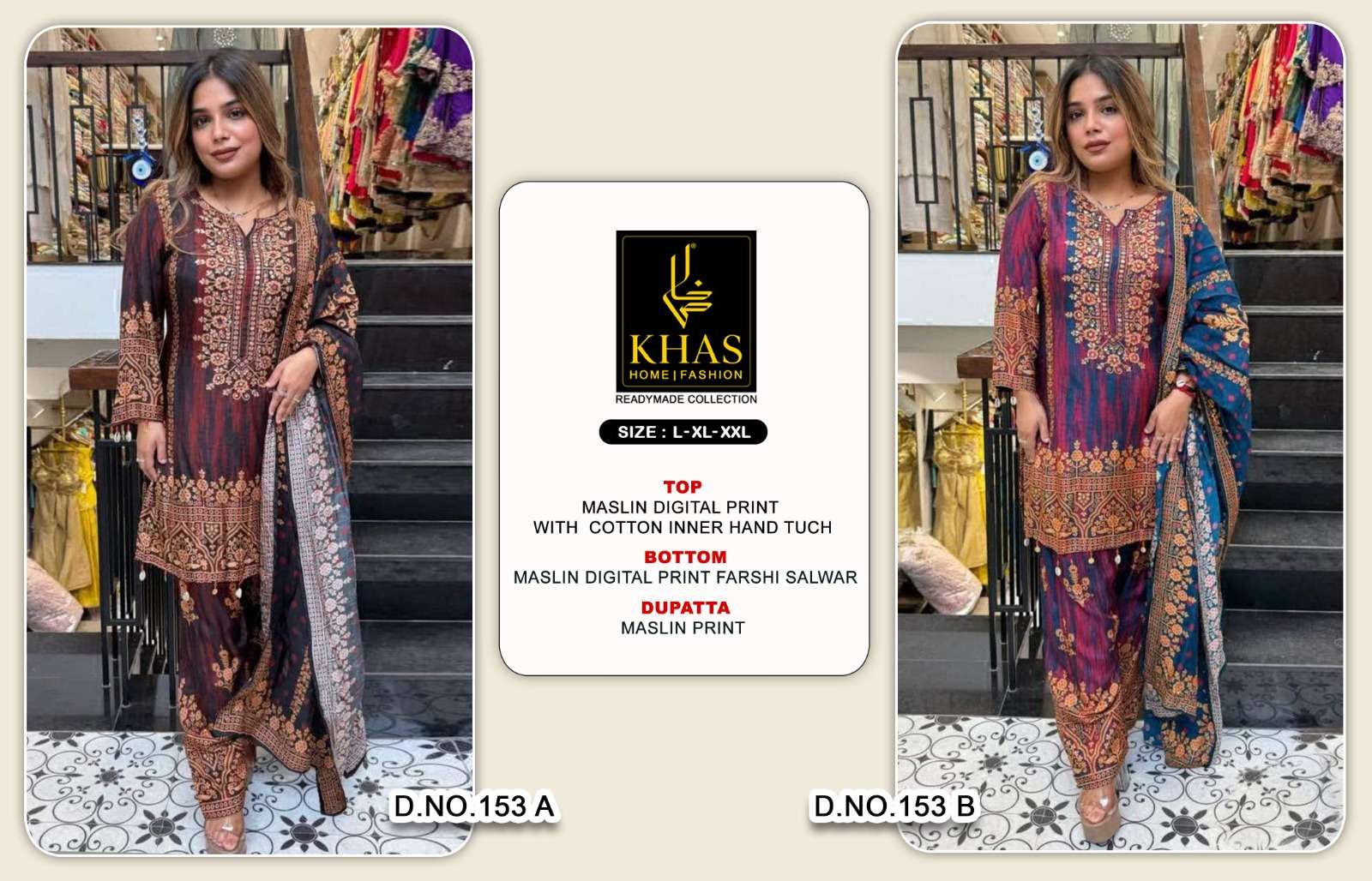 KHAS FASHION D NO 153 MUSLIN DIGITAL PRINT WITH HEAVY EMBROIDERY DESIGNER SUIT