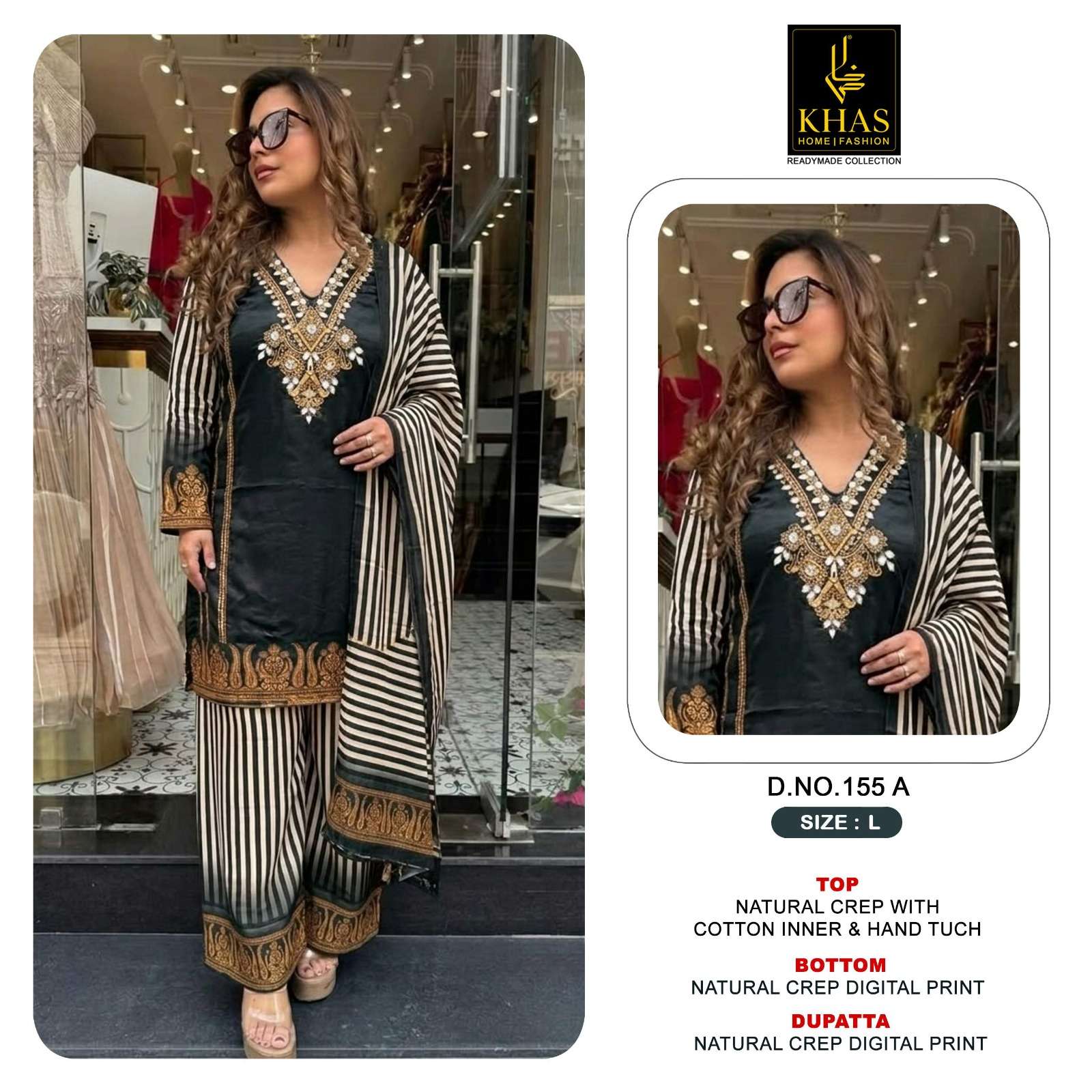 KHAS FASHION D NO 155 CREPE DIGITAL PRINT WITH DESIGNER WORK READY MADE SUIT