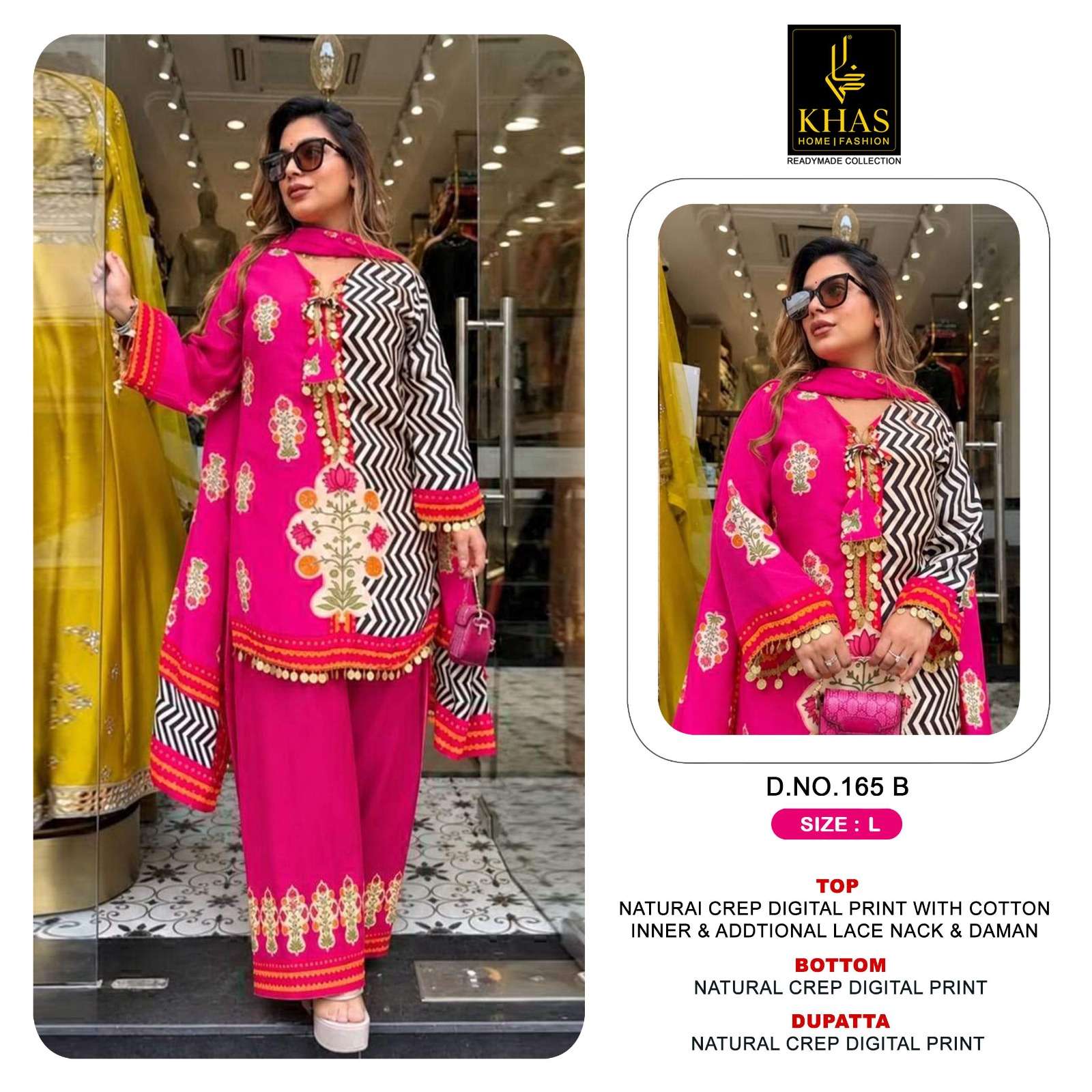 KHAS FASHION D NO 165 CREPE DIGITAL PRINT WITH DESIGNER WORK READY MADE PAKISTANI SUIT 