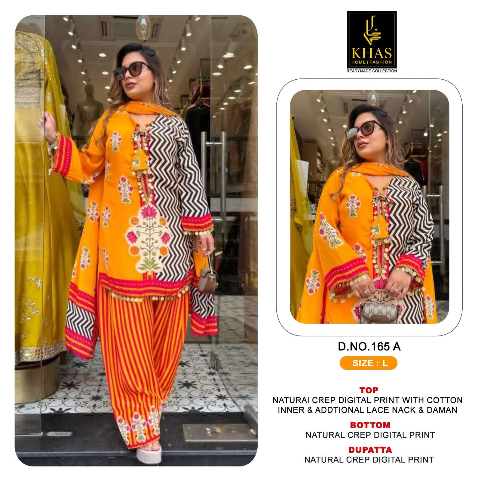 KHAS FASHION D NO 165 CREPE DIGITAL PRINT WITH DESIGNER WORK READY MADE PAKISTANI SUIT 